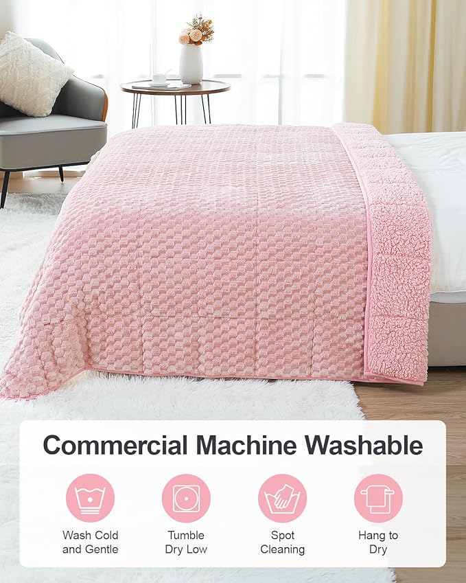 Super Soft Luxury Fleece Sherpa Weighted Blanket 15 lbs for Adults, Turtle Shell Fuzzy Cozy Warm Twin Weighted Throw for Winter, Ceramic Beads Washable Heavy Blankets for Couch Bed, Pink, 48" x 72"