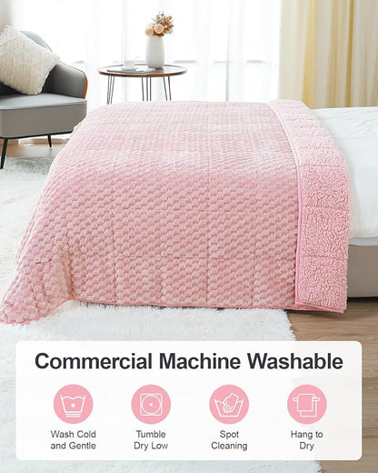 Super Soft Luxury Fleece Sherpa 20 lbs Weighted Blanket for Adults, Turtle Shell Fluffy Cozy Warm Queen Weighted Throw for Winter, Ceramic Beads Washable Heavy Blankets for Couch Bed, Pink, 60" x 80"