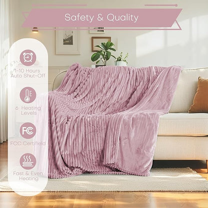 Electric Heated Blanket Queen Size 84"x90" with Cozy Flannel, 6 Heat Settings & 10 Hours Auto Off, Soft & Cozy Warming Throw for Home, Office, or Bed, Machine Washable,Pink
