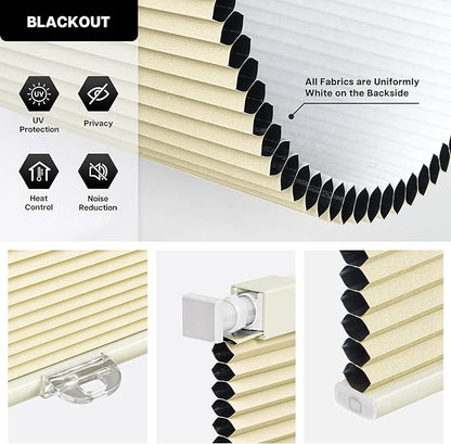 LazBlinds Cordless Cellular Shades, No Tools No Drill Blackout Honeycomb Shades Pleated Blinds for Windows, 25'' W x 72'' H, Soft Cream