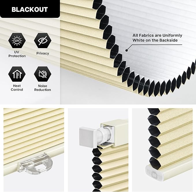 LazBlinds Cordless Cellular Shades, No Tools No Drill Blackout Honeycomb Shades Pleated Blinds for Windows, 22 1/2" W x 64" H, Soft Cream