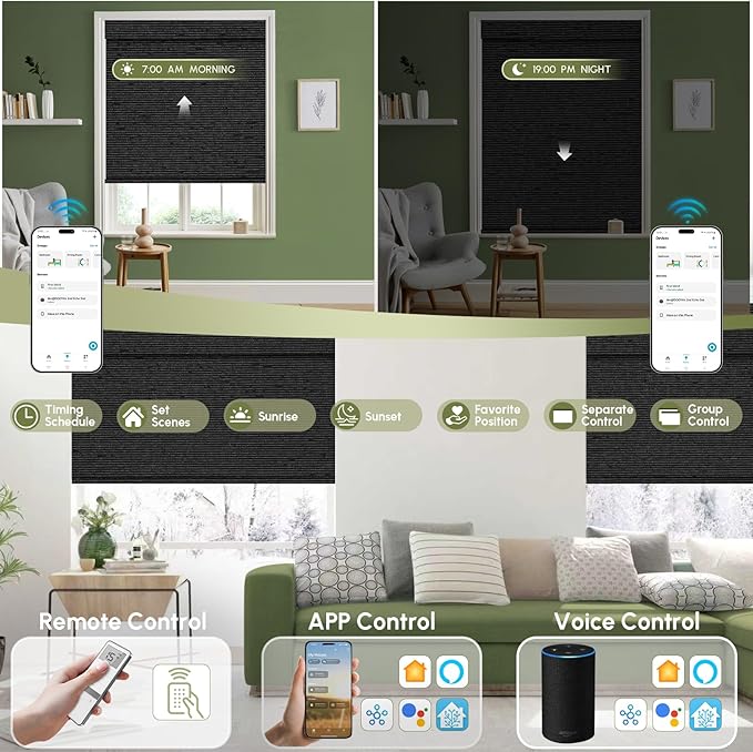 FineTell Motorized Blinds with Remote, 100% Blackout Roller Shades Work with Alexa,Apple Homekit,Google Home APP and Voice Control, Customized Electric Blinds (100% Blackout Eclipse Obsidian Black)