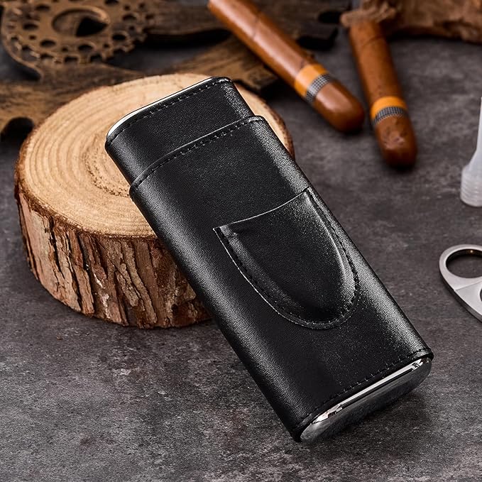 Leather Cigar Case, Travel Humidor Set, 3 Pack Black Cedar Wood Box with Cigar Cutter & Towel, Gift for Men, Portable Cigar Holder for Home & Travel, Mirror Base humidifiers Box Accessories