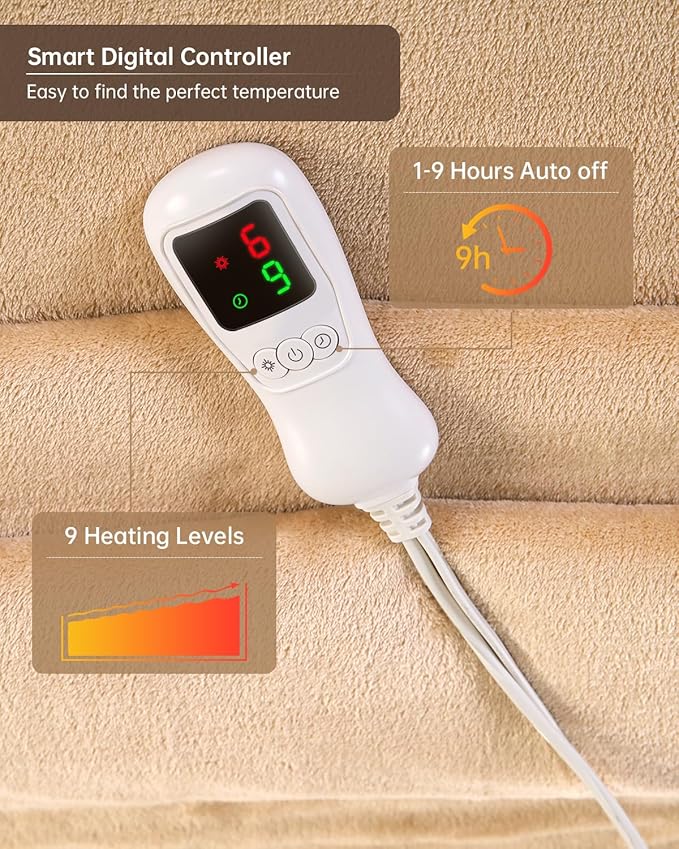 Electric Heated Blanket Full Size, Washable Blanket Warmer for Home for Adults, Fast Heating Super Cozy Soft Flannel 72" x 84", 9 Heat Levels, 1-9H Auto-Off, ETL Certified, Camel