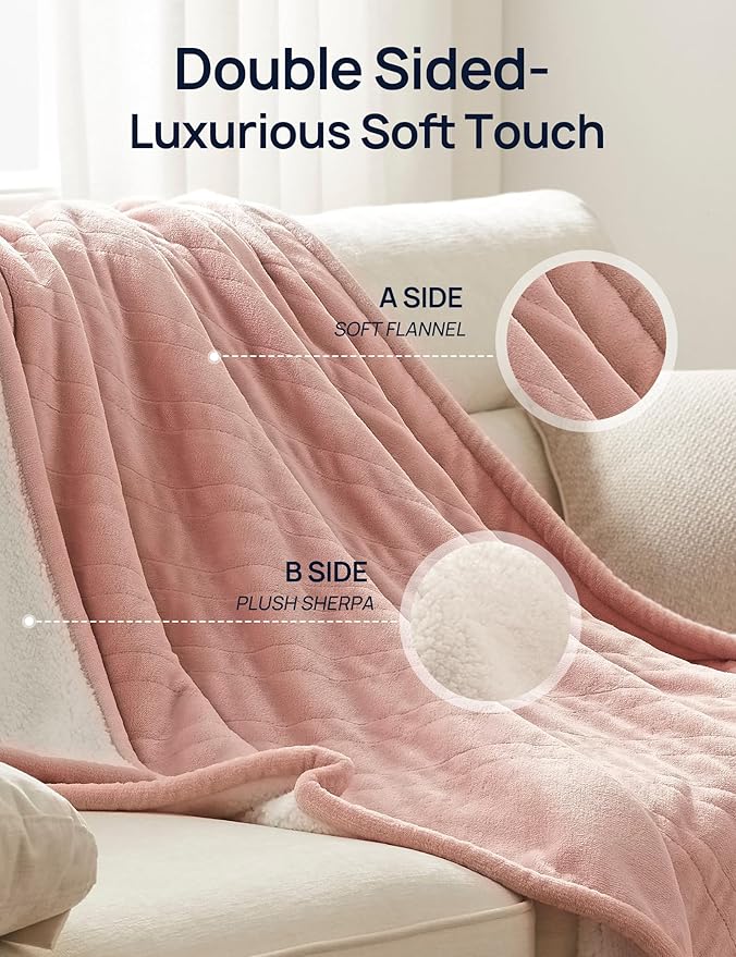 Westinghouse Electric Blanket with Foot Pocket for Adults, Ultra Soft Flannel to Sherpa Heated Throw with 6 Heating Levels & 2-10 Hours Time Settings, Fast Heating & Machine Washable, 50x62, Pink