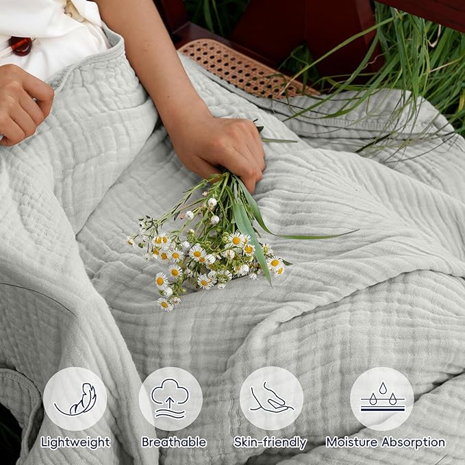 PHF Cooling Muslin Blanket Queen Size 90"x80", 6-Layer Lightweight Gauze Blanket Made from 35% Rayon Derived from Bamboo & 65% Cotton, Breathable & Ultra Soft Cozy for Hot Sleepers, Harbor Mist