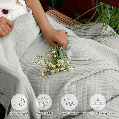 PHF Cooling Muslin Blanket Queen Size 90"x80", 6-Layer Lightweight Gauze Blanket Made from 35% Rayon Derived from Bamboo & 65% Cotton, Breathable & Ultra Soft Cozy for Hot Sleepers, Harbor Mist