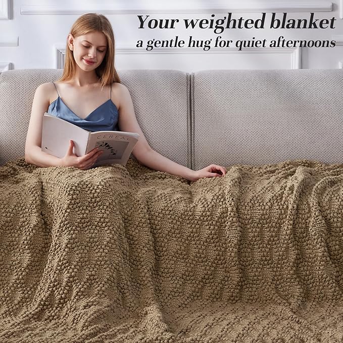 Knitted Weighted Blanket for Adult, Chunky Knit Weighted Throw for Sleep 48"*72" 12lbs, Cooling Breathable Heavy Blanket for Hot Sleepers, Machine Washable Fall Blanket for Room Decor(Beige)