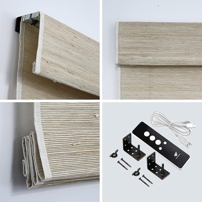 SmartWings Motorized Natural Woven Wood Shades for Windows Work with Matter Homekit Z-Wave Alexa Google, 50%/70%/100% Blackout Electric Auto Roman Shades Cordless Remote Control Customized, Linen 004