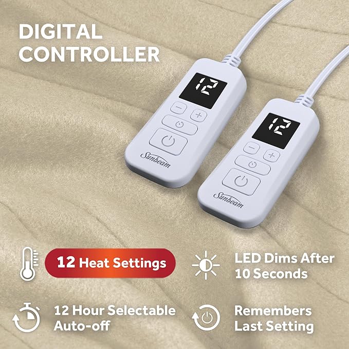Sunbeam Royal Ultra Fleece Heated Electric Blanket Queen Size, 90" x 84", 12 Heat Settings, 12-Hour Selectable Auto Shut-Off, Fast Heating, Machine Washable, Warm and Cozy, Pebble