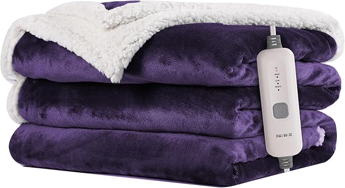 Electric Heated Blanket 62"x84" Twin Size Flannel & Sherpa - 4 Heat Settings & 10H Auto Shut Off for Safe Overnight Use, Fast Heating, Machine Washable for Bed, Couch, Office - Purple