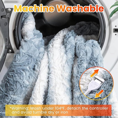 WOOMER Heated Blanket Throw 50" x 60", Electric Blanket Throw with 4 Heating Levels & 4H Auto Off, ETL Certified, Blue White Flowers Patterns Faux Fur & Sherpa, Machine Washable