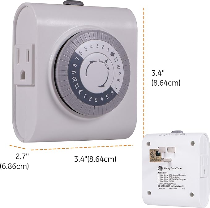GE Mechanical Grounded Outlet Timer, Dual Plugs with 3 Prongs, 24 Hour Cycle, Indoor Use for Lights, Lamps, Fans, Appliances, Christmas Tree, 2 Pack, 46211