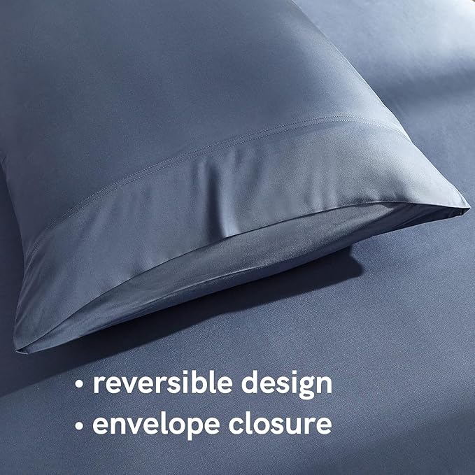 YnM Cooling Bed Sheet Set with 100 Percent Rayon Derived from Bamboo, 500TC Fabric with 2 Pillowcases and Flat Sheet, Deep Pocket Fit 19'', Silky-Soft & Sweat Wicking, 4 Piece (King, Blue Grey)