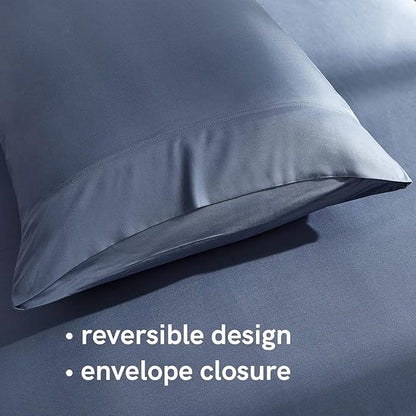 YnM Cooling Bed Sheet Set with 100 Percent Rayon Derived from Bamboo, 400TC Fabric with 2 Pillowcases and Flat Sheet, Deep Pocket Fit 19'', Silky-Soft & Sweat Wicking, 4 Piece (Queen, Blue Grey) …
