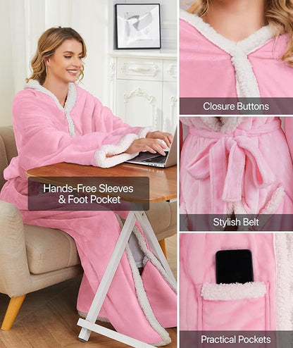 Portable Heated Blanket - Wearable Heated Blanket Throw with Foot Pockets, Sleeves Flannel Sherpa Wearable Blanket 8 Heating Levels & Timer Snuggle Blankets for Home Office-50*70" Pink Robes for Women