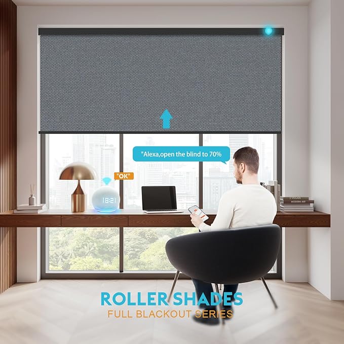 Motorized Blinds with Remote, Smart Blind Roller Shades Compatible with Alexa, Durable Rechargeable Battery Solar Power Electric Window Blinds Customized Size (Pure Deep Grey)