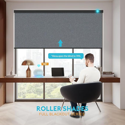Motorized Blinds with Remote, Smart Blind Roller Shades Compatible with Alexa, Durable Rechargeable Battery Solar Power Electric Window Blinds Customized Size (Pure Deep Grey)