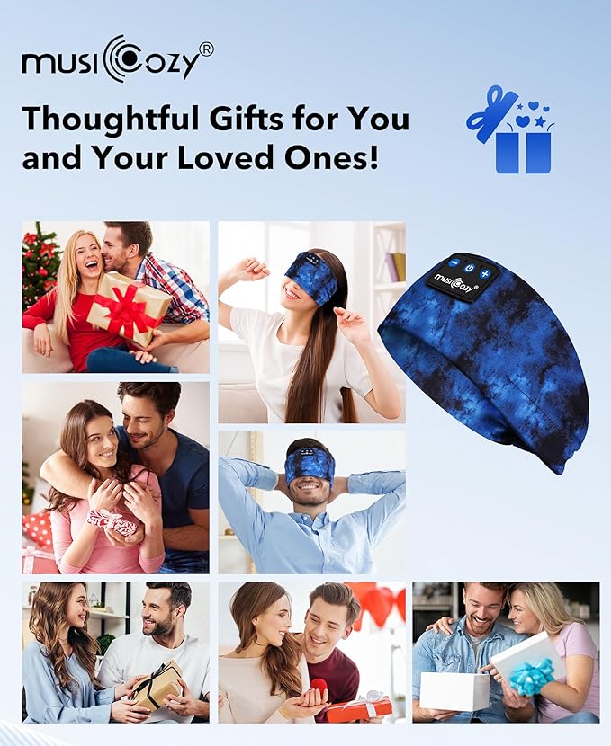 MUSICOZY Sleep Headphones Bluetooth 5.4 Headband, Wireless Earphones Sweat Resistant Earbuds with Ultra-Thin HD Stereo Speaker for Workout Running(Tie-dye Blue)