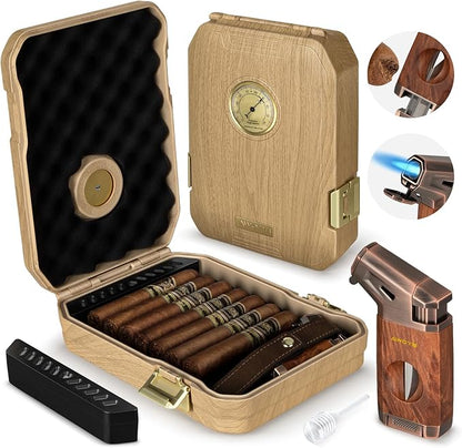 Travel Cigar Humidor Case - Cedar Lined, V Cut Cutter, Portable Humidor with Humidifier & Hygrometer, Holds 7-9 Cigars, Includes Lighter - Gift Set