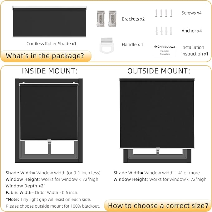 ChrisDowa Cordless Blackout Roller Shades for Windows, Thermal Insulated UV Protection Pull Down Shades, Total Blackout Window Blinds for Home, Office, Bedroom, Door (22" W x 72" H, Black)