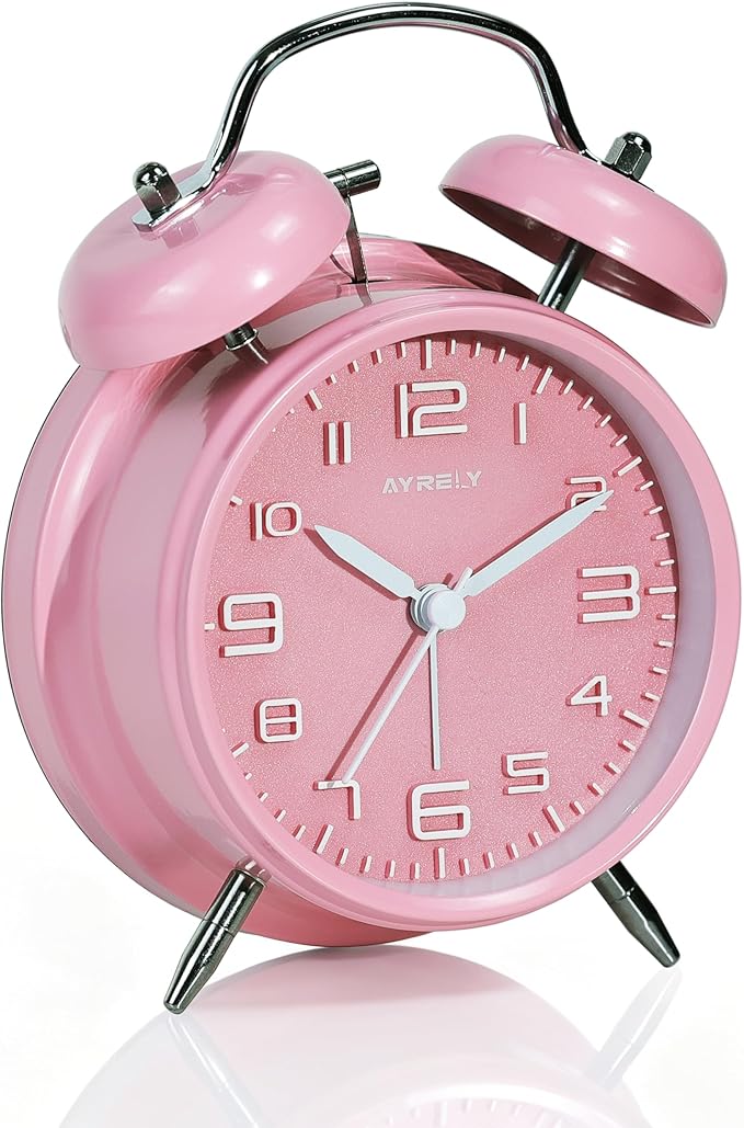 AYRELY® Super Loud Twin Bell Alarm Clock for Heavy Sleepers Adults, 4-Inch Retro Silent Non-Ticking with Night-Light, 3D Raised Number Dial, Battery Operated for Bedroom Bedside (3D Dial – Pink)