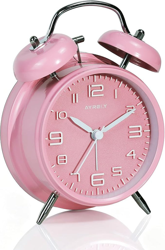 AYRELY® Super Loud Twin Bell Alarm Clock for Heavy Sleepers Adults, 4-Inch Retro Silent Non-Ticking with Night-Light, 3D Raised Number Dial, Battery Operated for Bedroom Bedside (3D Dial – Pink)