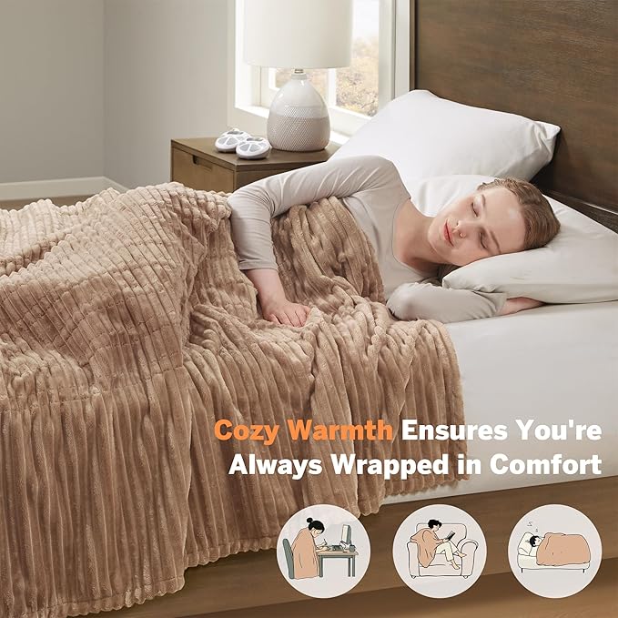 Serta Electric Blanket, Soft, Ribbed, Plush Heating Blanket Queen for Office, Couch, 1-12 hr Auto Shut Off Timer, 10 Lv Heating, ETL Certified, Queen 84"x90" Chestnut Brown