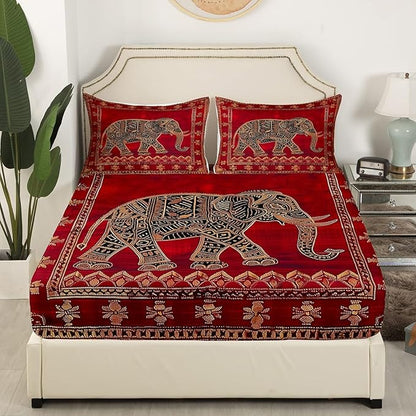Manfei Indian Elephant Kids Sheet Twin Size,Native American Indian Exotic Bedding Set,Boys Girls Room Decor,Psychedelic Bohemia Retro Red Trippy Boho Bed Sheet Set 3pcs(Fitted + Flat + 1 Pillowcase)