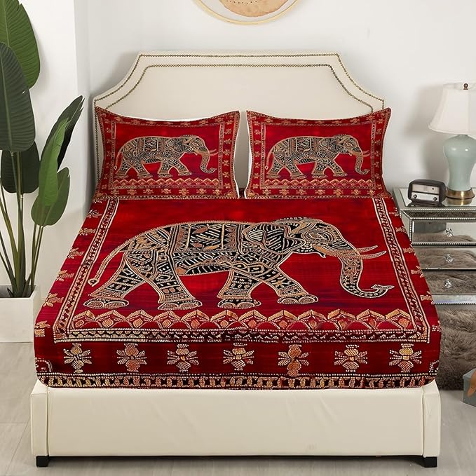 Manfei Indian Elephant Kids Sheet King Size,Native American Indian Exotic Bedding Set,Boys Girls Room Decor,Psychedelic Bohemia Retro Red Trippy Boho Bed Sheet Set 4pcs(Fitted + Flat + 2 Pillowcases)