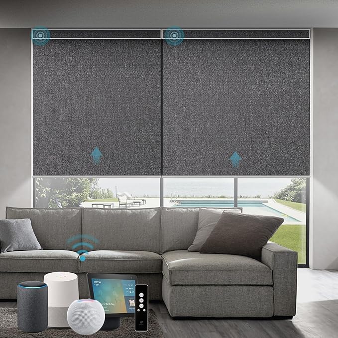 SmartWings Motorized Blackout Roller Blinds Work with Matter Homekit Z-Wave Thread Alexa Google, Smart Window Shades for Bedroom, Cordless Remote Control Customized 16"-110" W, Eclipse Anchor Grey