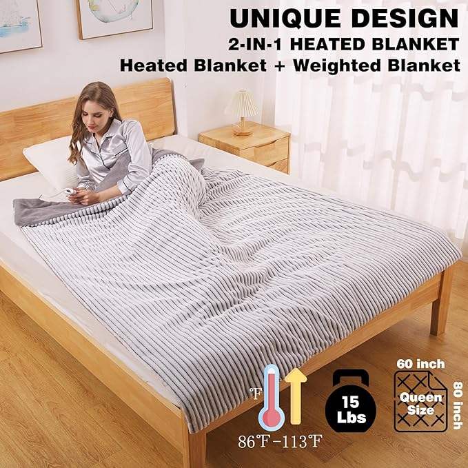 ZonLi Heated Weighted Blanket 20lbs, 60x80 Queen Size, Weighted Heated Blanket for Adults, Fast Heating 10 Heating Levels & 12H Auto Shut-off, Soft Comfort Flannel Heavy Blanket with Glass Beads