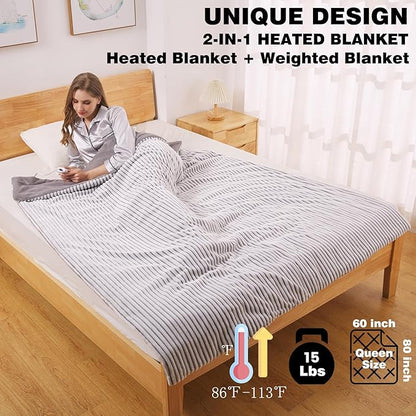 ZonLi Heated Weighted Blanket 20lbs, 60x80 Queen Size, Weighted Heated Blanket for Adults, Fast Heating 10 Heating Levels & 12H Auto Shut-off, Soft Comfort Flannel Heavy Blanket with Glass Beads
