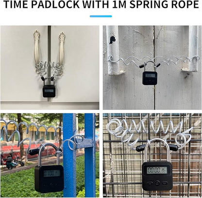 Combination Lock,Metal Timer Lock,USB Rechargeable Time Timer Padlock with 1m Spring Rope,99 Hours Max Timing Self-Discipline Anti-Addiction Timed Padlock (Black)