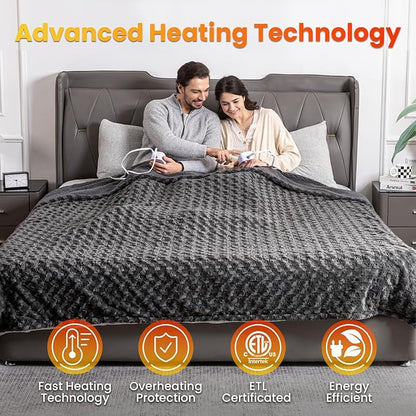 WOOMER Heated Blanket King Size 100" x 90", Electric Blanket with Dual Controls, 0.5-12 Hours Timer & 10 Heating Levels, ETL Certified, Dark Grey Rose Patterns Faux Fur & Sherpa, Machine Washable