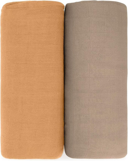 Comfy Cubs Muslin Swaddle Blankets Pack of 2, 47 x 47 Inch Soft Cotton Baby Blanket Set, Large Multipurpose Wraps for Newborns - Self-Soothing Swaddles for Newborns - Cedar & Caramel