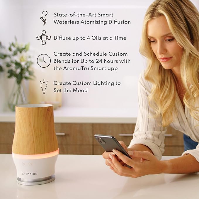 Smart Aromatherapy Waterless Oil Diffuser with WiFi Capability and App – Combine and Diffuse up to 4 Bottles of Essential Oils Simultaneously – No Water, No Mess (Light Bamboo)
