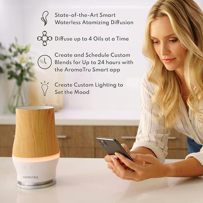 Smart Aromatherapy Waterless Oil Diffuser with WiFi Capability and App – Combine and Diffuse up to 4 Bottles of Essential Oils Simultaneously – No Water, No Mess (Light Bamboo)