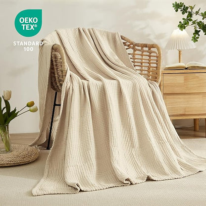 EMME Cotton Throw Blanket for Couch Soft Muslin Blankets 50"x60" Lightweight Breathable Blanket Light Tan All Season Gauze Blanket