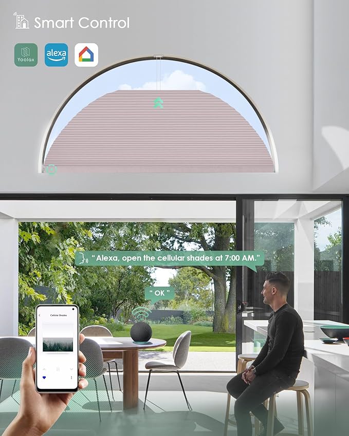 Yoolax Smart Cellular Shades, Motorized Arch Window Honeycomb Blinds Motorized Blinds with Remote Compatible with Alexa, Customized Arched Cellular Shades (Blackout Light Pink)