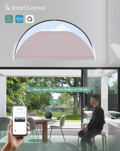 Yoolax Smart Cellular Shades, Motorized Arch Window Honeycomb Blinds Motorized Blinds with Remote Compatible with Alexa, Customized Arched Cellular Shades (Blackout Light Pink)