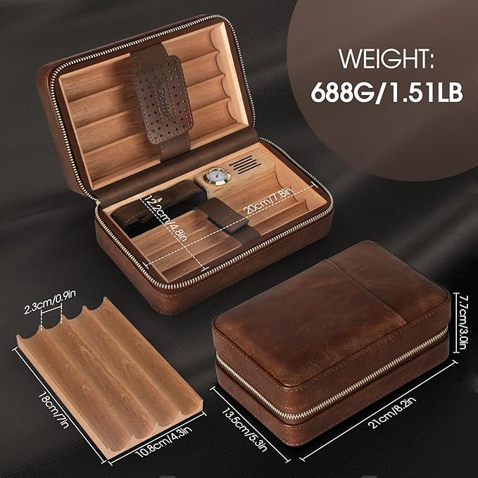 Scotte Cigar Humidor Box, Cigar Lighter Cedar Wood Lined Leather Cigar Case Built in Hygrometer & Humidifier, Torch Lighter with Cigar Holder Cigar Punch Portable Travel Cigar Humidor (Smooth Brown)