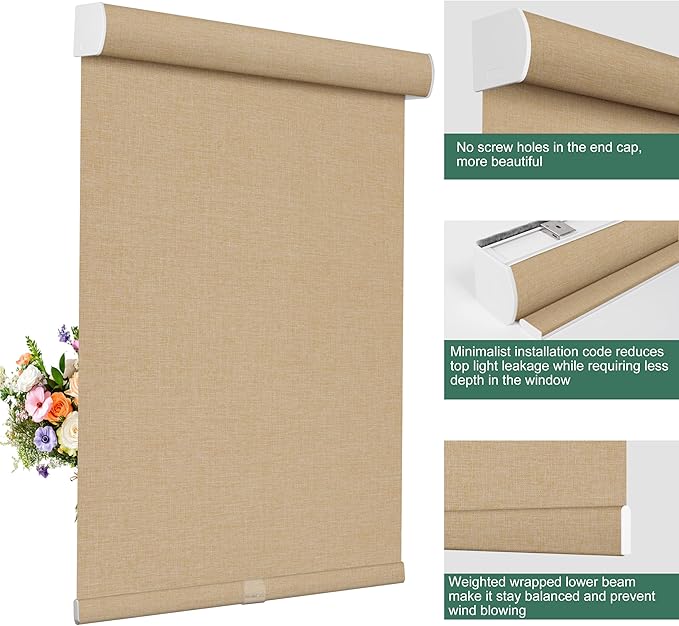 BERISSA Cordless Blackout Roller Shades for Windows,Linen Fabric Roller Blinds with Cassette Valance,Thermal Insulated UV Protection Windows Blinds for Home Office. Beige.17 W x 72" H