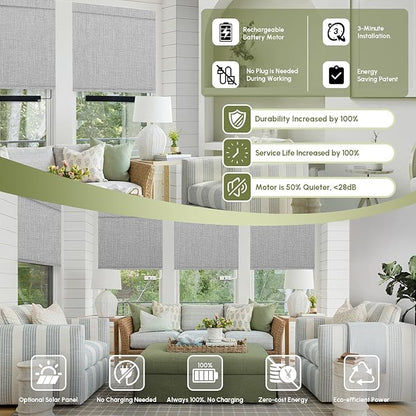 FineTell Motorized Blinds with Remote, 100% Blackout Roller Shades Compatible with Alexa,Apple Homekit,Google Home APP and Voice Control, Customized Electric Blinds (100% Blackout Dual Sided Grey)