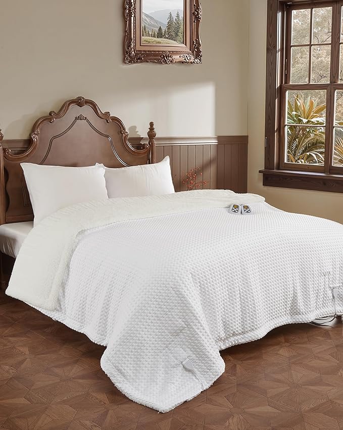CAROMIO Heated Blanket King Size with LCD Dual Controller, Waffle Weave Fast Heating Electric Blankets, 10 Heat Levels & 1-12H Time Settings, ETL Certified, Machine Washable, Off White, 100" x 90"