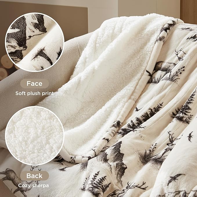 Woolrich Heated Throw Blanket with Ultra Soft Plush and Sherpa Reverse, 12 Heat Settings, Auto Shut-Off, Farmhouse & English Country Gift Throw – Deer Toile Pattern, 50"x60"