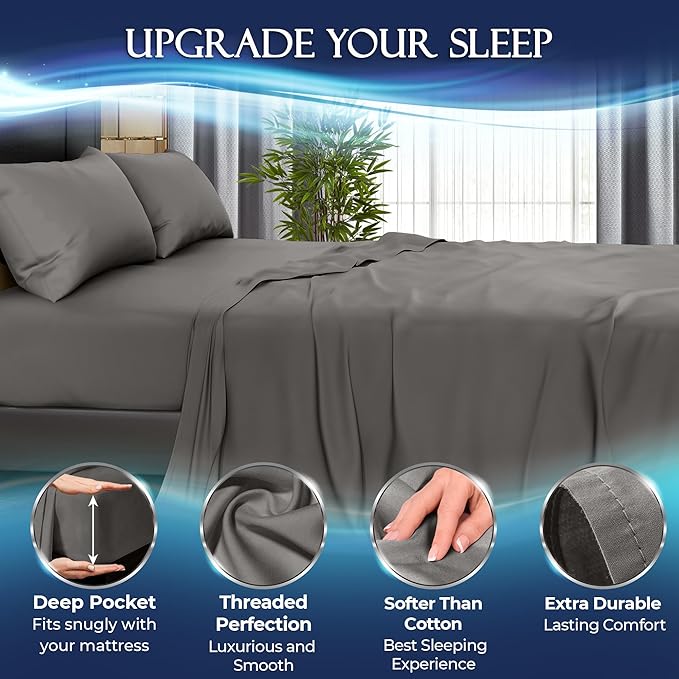 DECOLURE Cooling Sheets Full Set 4pcs - Luxurious & Ultra-Soft Full Size Cooling Sheets for Hot Sleepers - Comfortable Bamboo Viscose Microfiber Full Cooling Bed Sheets w/Deep Pockets (Cool Grey)