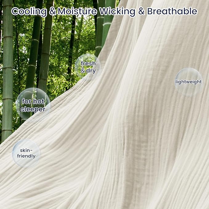 PHF Cooling Muslin Queen Blanket for Hot Sleepers, 60% Viscose from Bamboo, 40% Cotton and 4-Layer Breathable Gauze Blanket for Bed Couch, 90"x90", Oat Milk
