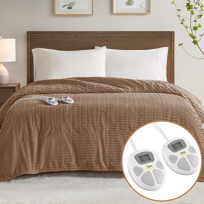 Serta Electric Blanket, Soft, Ribbed, Plush Heating Blanket Queen for Office, Couch, 1-12 hr Auto Shut Off Timer, 10 Lv Heating, ETL Certified, Queen 84"x90" Chestnut Brown