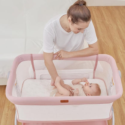 BabyBond Baby Bassinet, 3 in 1 Bassinet Bedside Sleeper with Washable Soft Mattress and Sheet, 6 Height Adjustable Bedside Crib, 4-Sided Mesh Bedside Bassinet for Baby